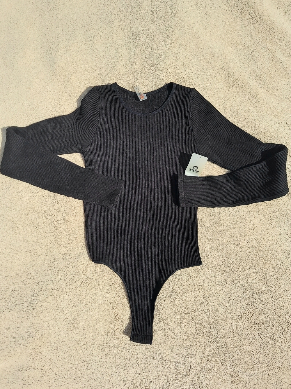 Mono B Black Ribbed Long-Sleeve One-Piece Bodysuit Women Size Small NWT Feminine